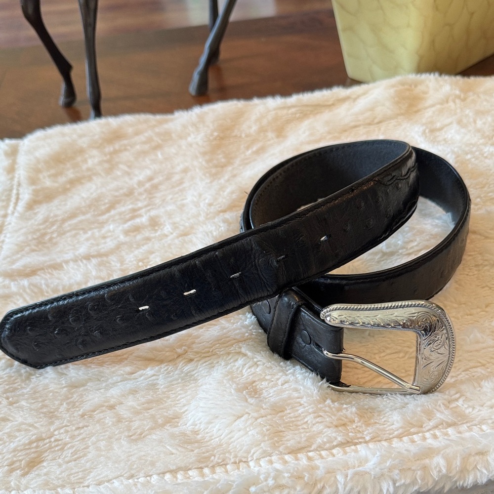 Black Leather Ostrich Belt with Silver Buckle